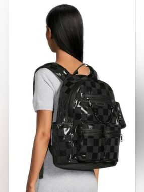 Steve Madden NYC 17" Double Pocket Chain Backpack - Black Chekered Style